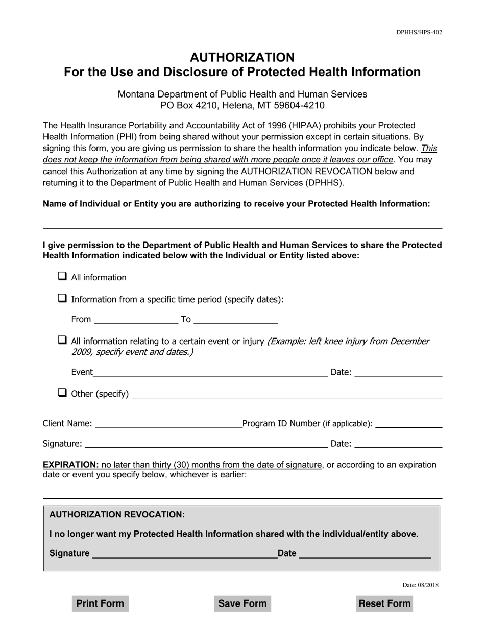 Form HPS-402 Authorization for the Use and Disclosure of Protected Health Information - Montana, Page 1