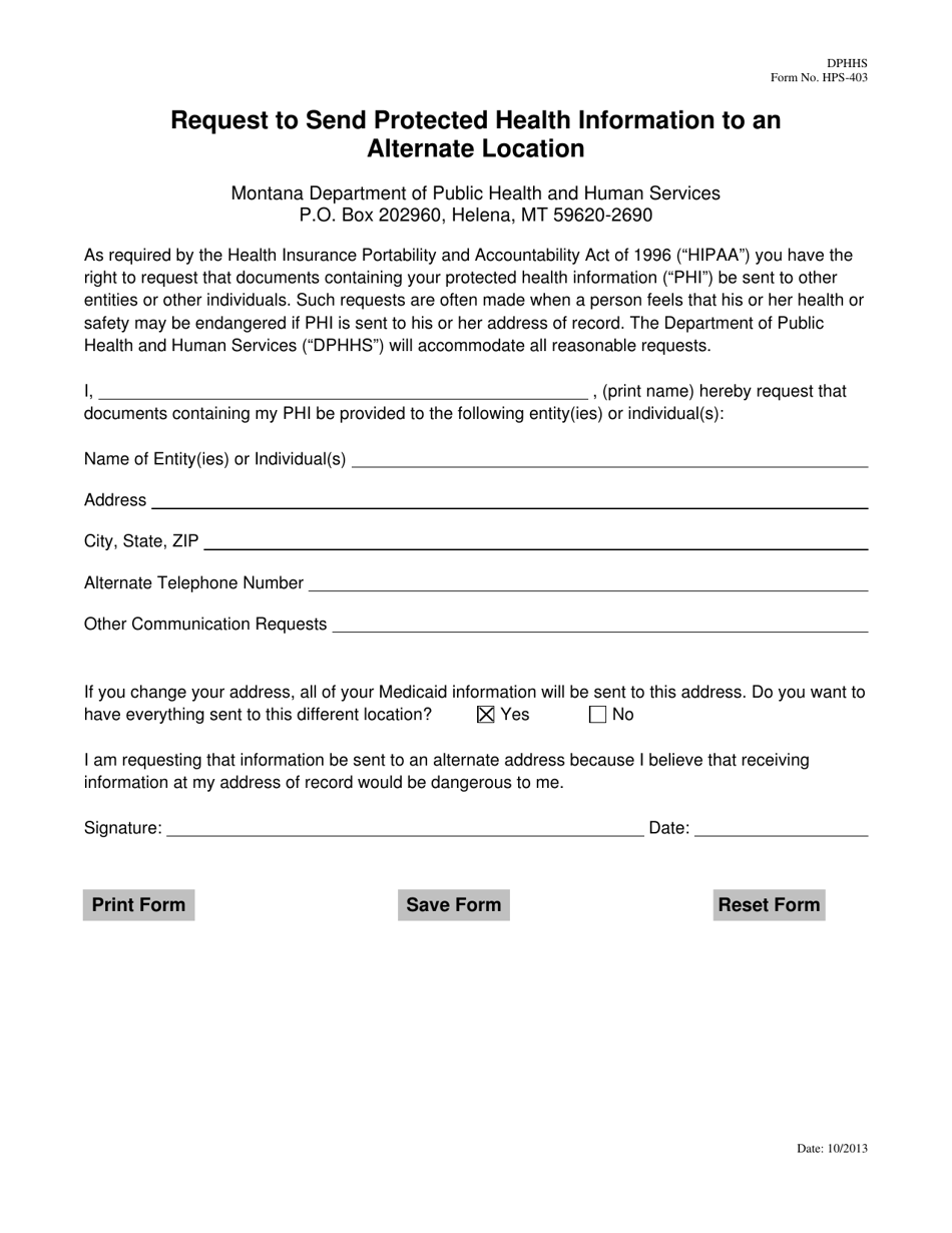 Form HPS-403 Request to Send Protected Health Information to an Alternate Location - Montana, Page 1