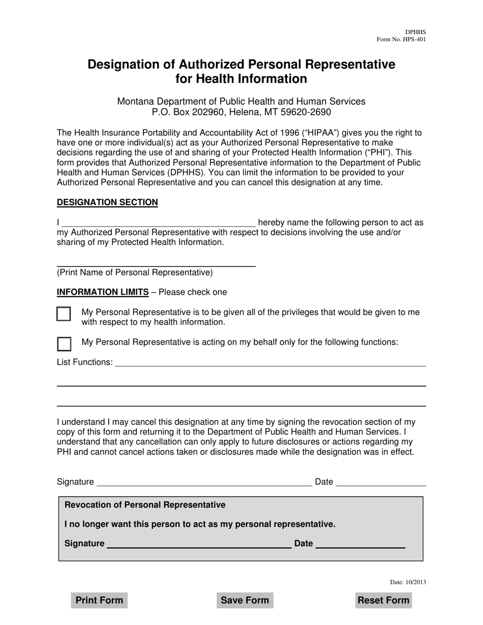 Form HPS-401 Designation of Authorized Personal Representative for Health Information - Montana, Page 1