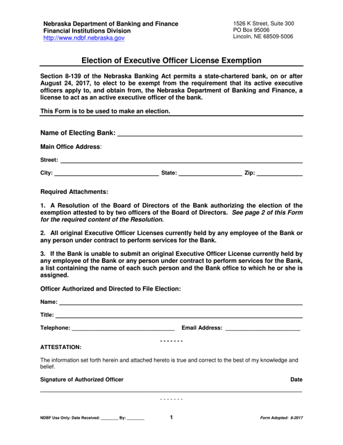 Election of Executive Officer License Exemption - Nebraska Download Pdf