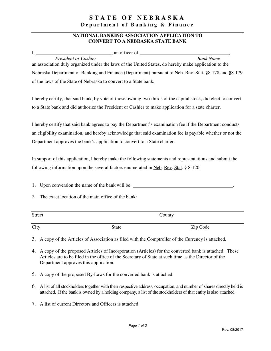 National Banking Association Application to Convert to a Nebraska State Bank - Nebraska, Page 1
