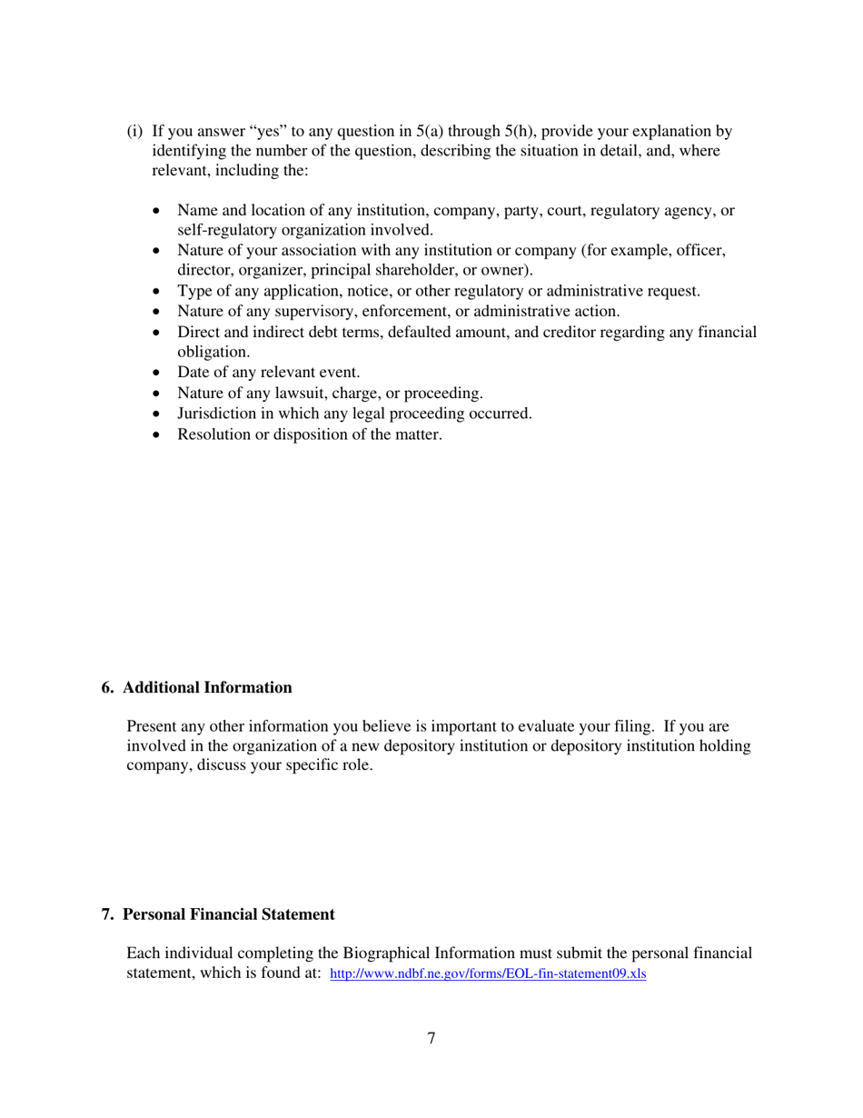 Biographical and Personal Financial Statement for Use With Conditional Bank Charter Application - Nebraska, Page 9