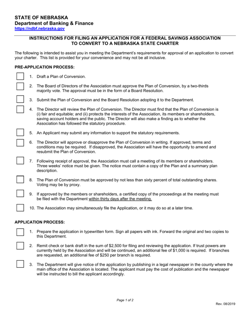 Instructions for Federal Savings Association Application to Convert to a Nebraska State Bank - Nebraska
