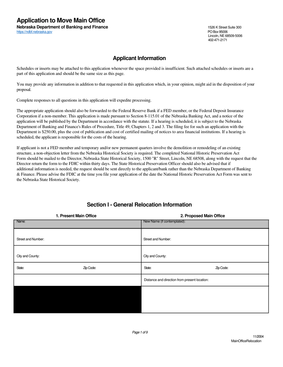 Application to Move Main Office - Nebraska, Page 1