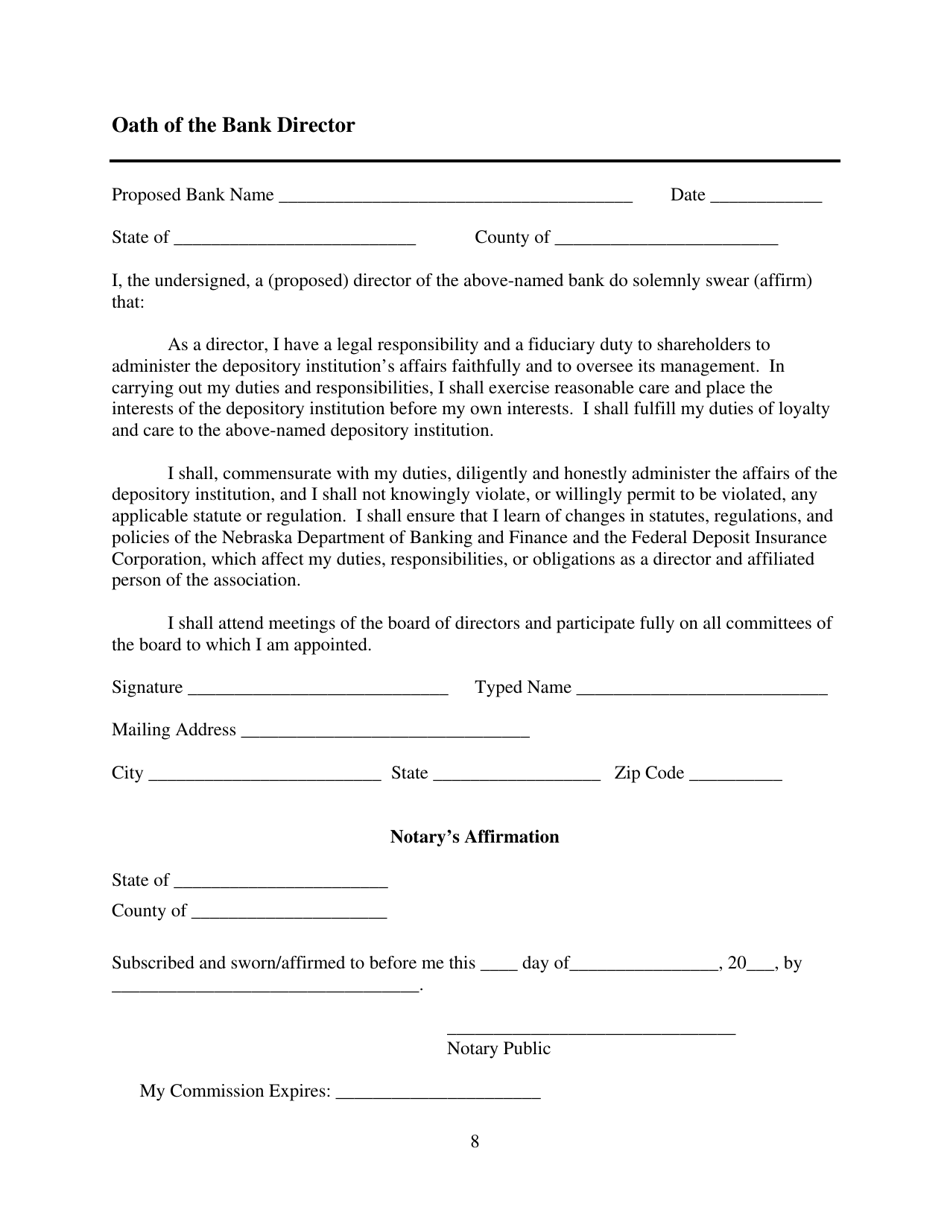 Conditional State Bank Charter Application - Nebraska, Page 8