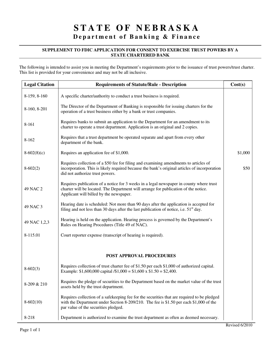 Supplement to Fdic Application for Consent to Exercise Trust Powers by a State Chartered Bank - Nebraska, Page 3