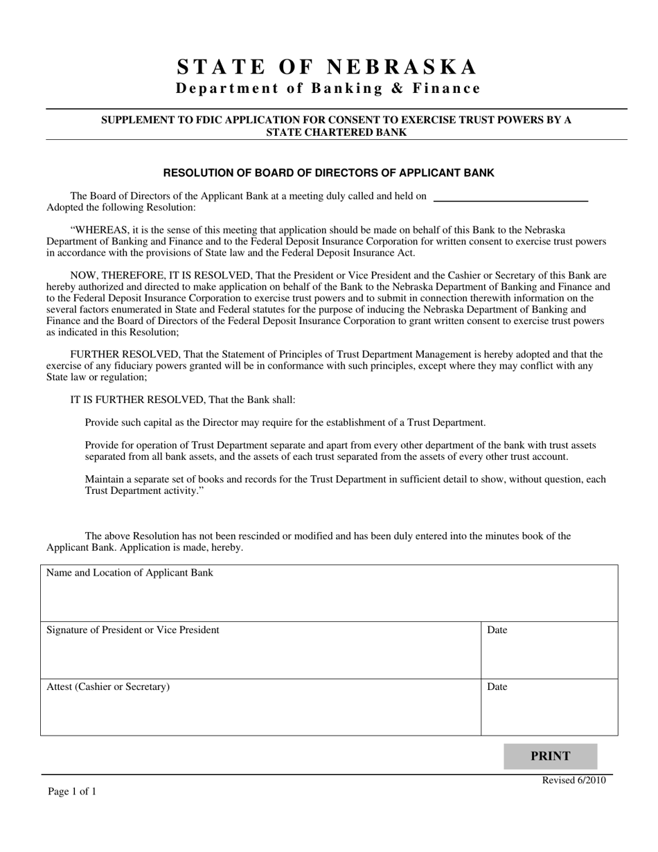Supplement to Fdic Application for Consent to Exercise Trust Powers by a State Chartered Bank - Nebraska, Page 4