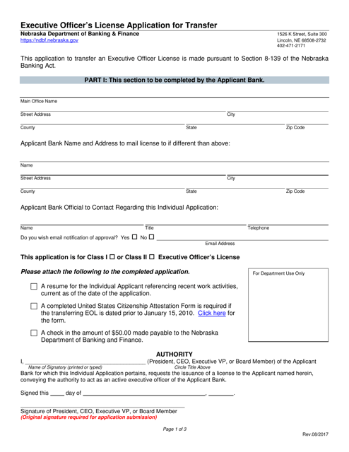 Executive Officer's License Application for Transfer - Nebraska Download Pdf