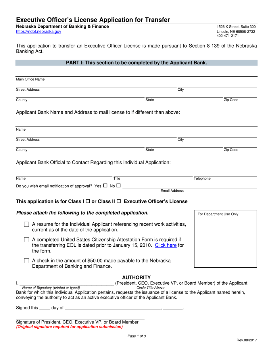 Executive Officers License Application for Transfer - Nebraska, Page 1