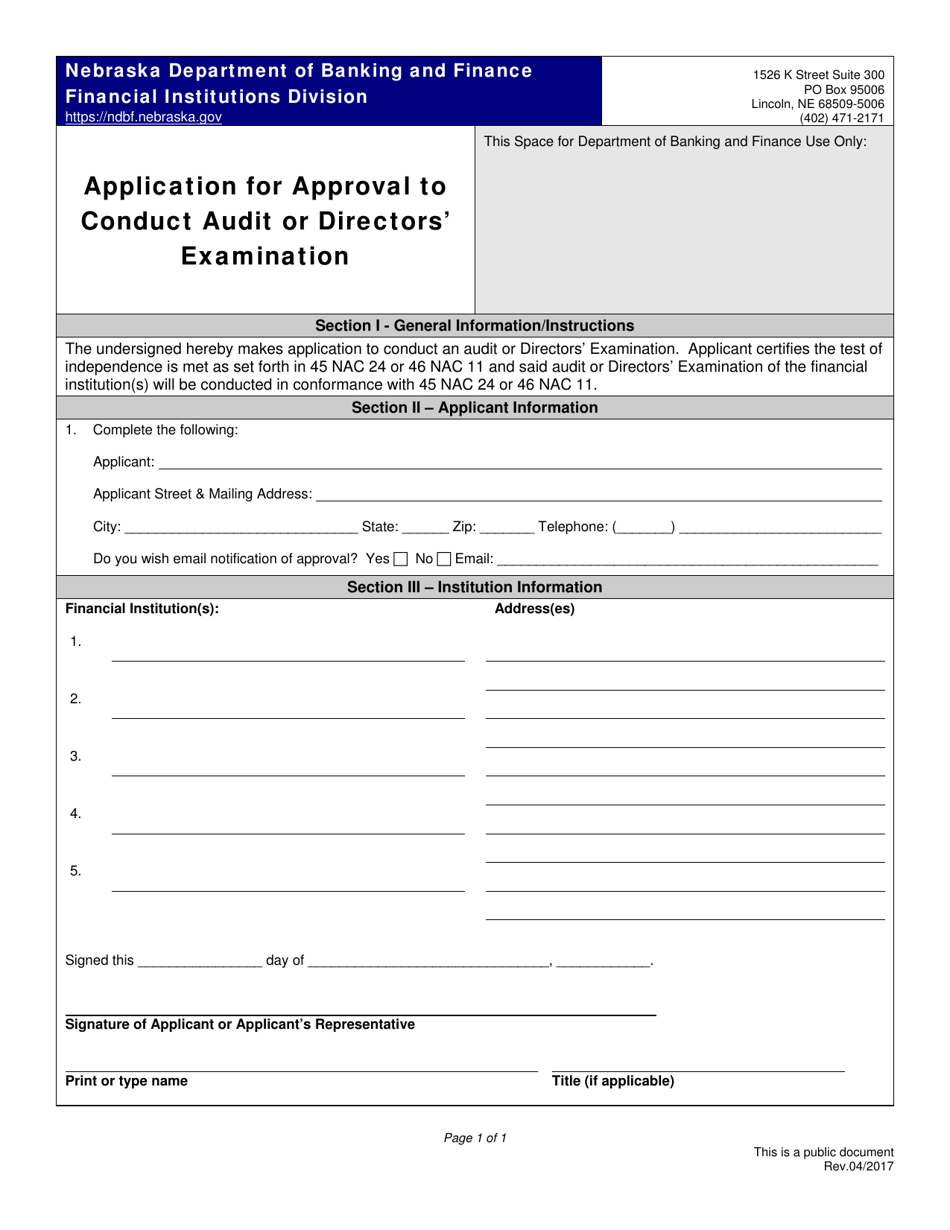 Application for Approval to Conduct Audit or Directors Examination - Nebraska, Page 1
