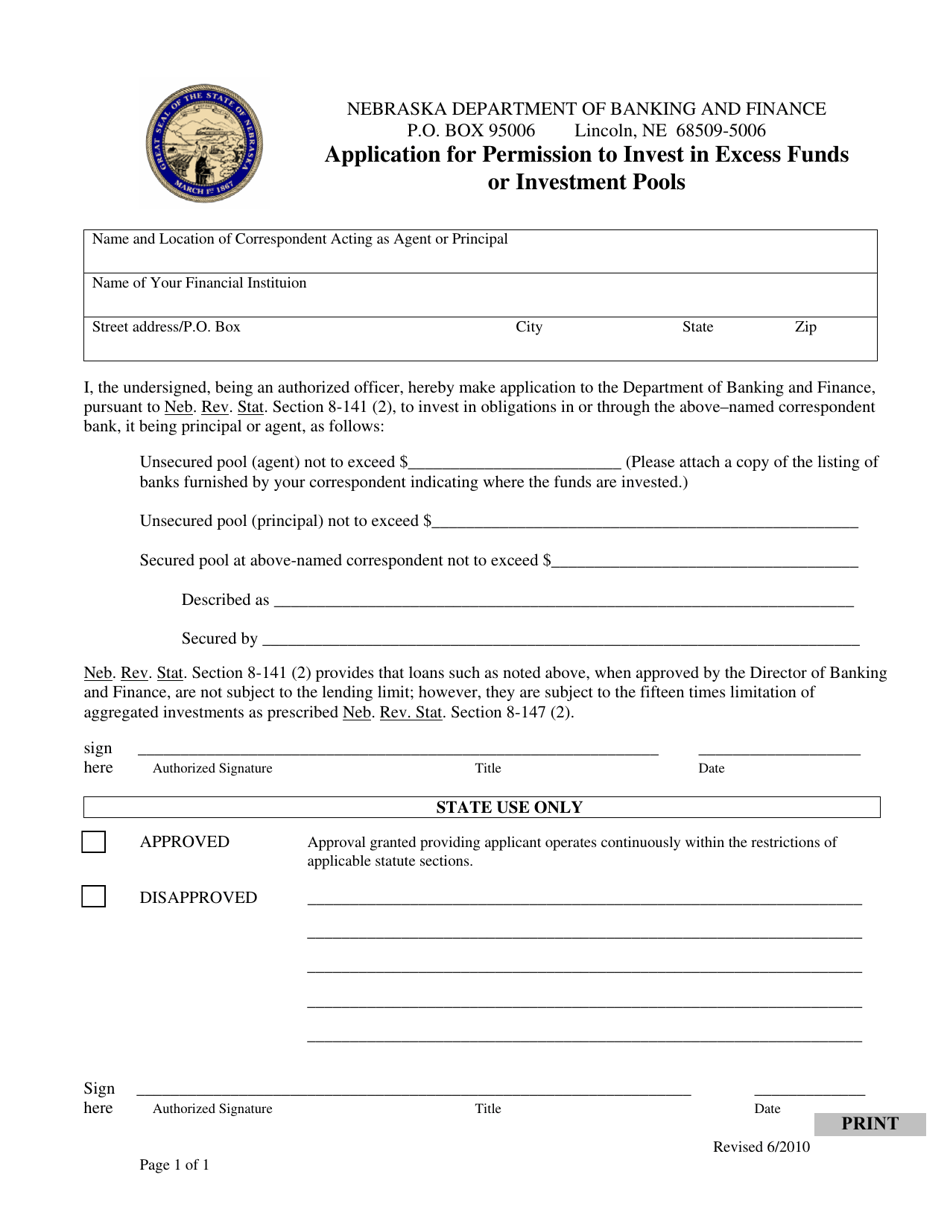 Application for Permission to Invest in Excess Funds or Investment Pools - Nebraska, Page 1