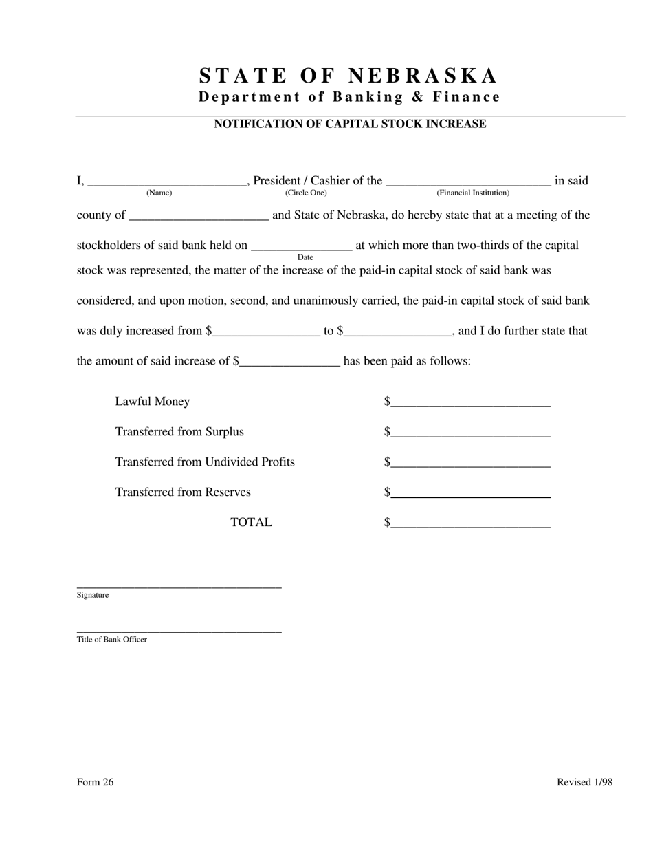 Form 26 Notification of Capital Stock Increase - Nebraska, Page 1