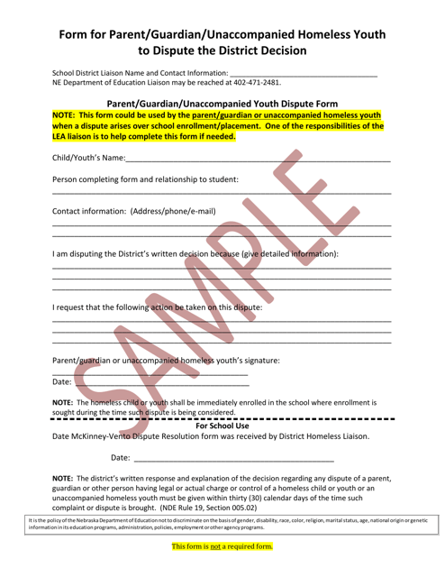 Form for Parent / Guardian / Unaccompanied Homeless Youth to Dispute the District Decision - Sample - Nebraska Download Pdf
