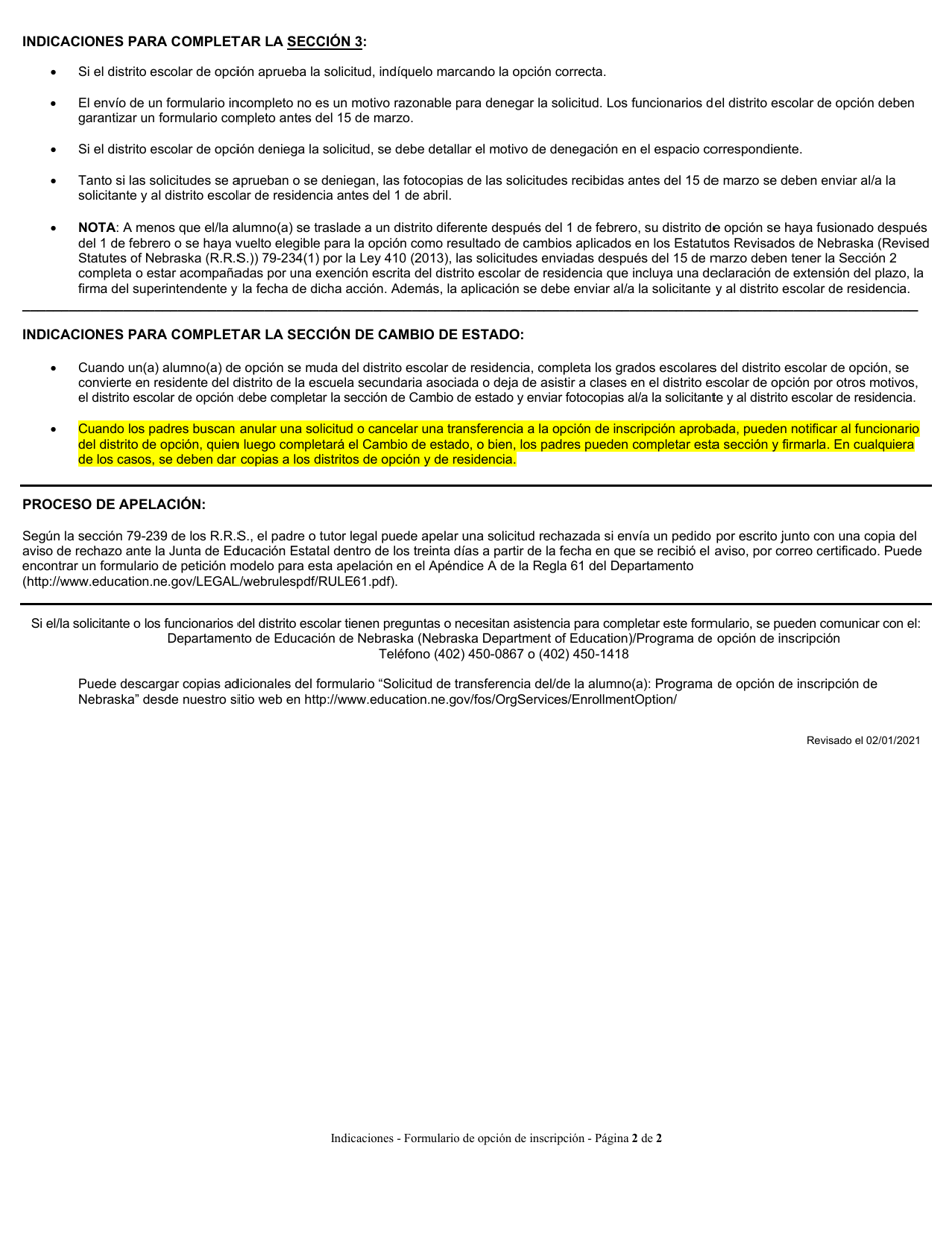 Instrucciones para Formulario NDE25-010 Solicitud De Transferencia Del / De La Alumno(A) Programa De Opcion De Inscripcion De Nebraska - Nebraska (Spanish), Page 2