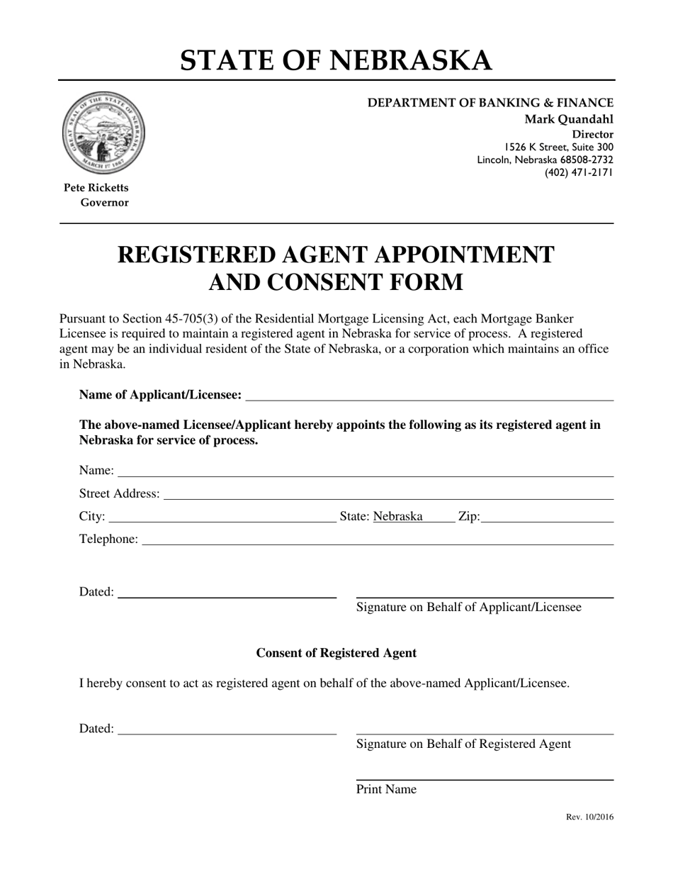 Registered Agent Appointment and Consent Form - Nebraska, Page 1