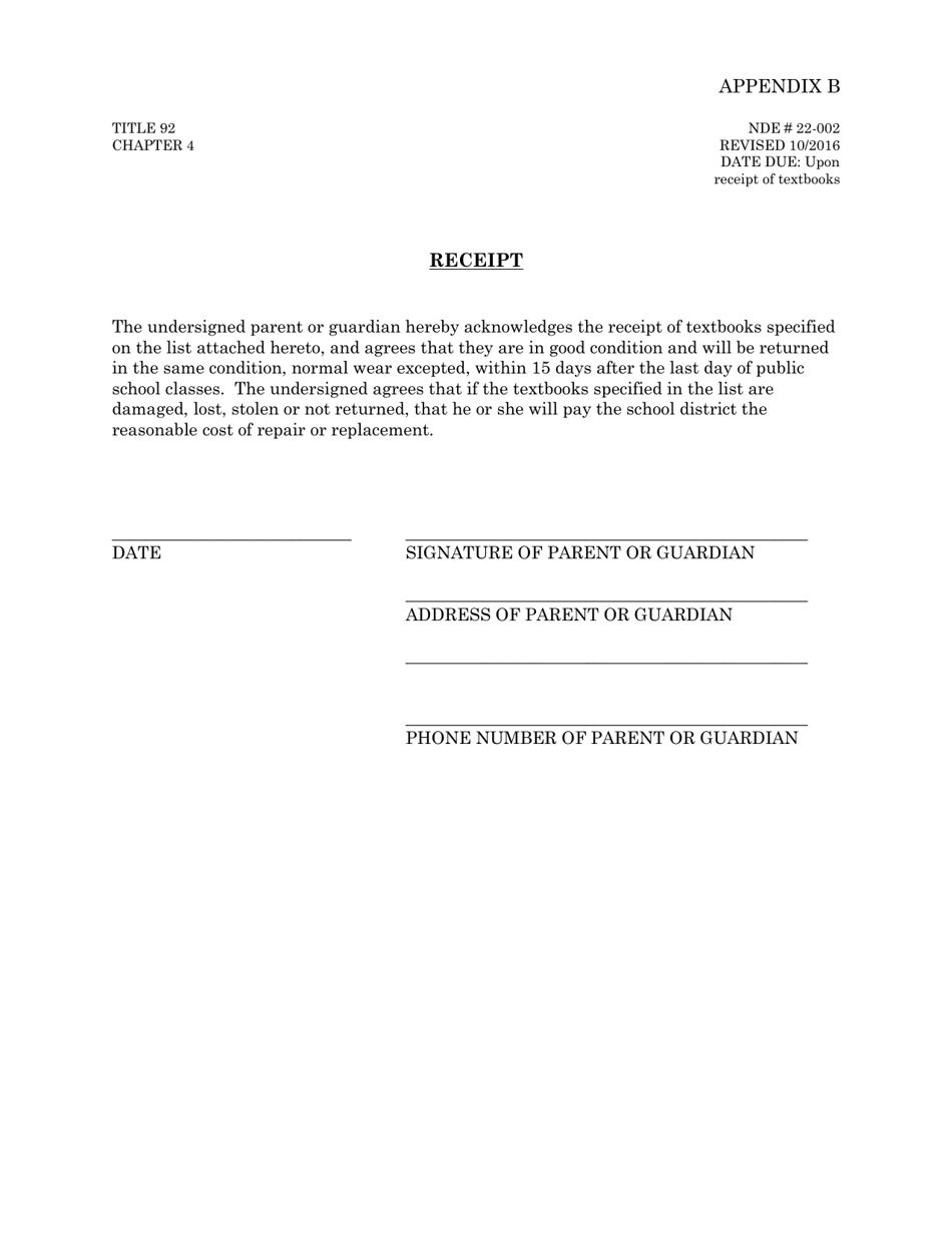 Form NDE22-002 Appendix B Receipt - Nebraska, Page 1