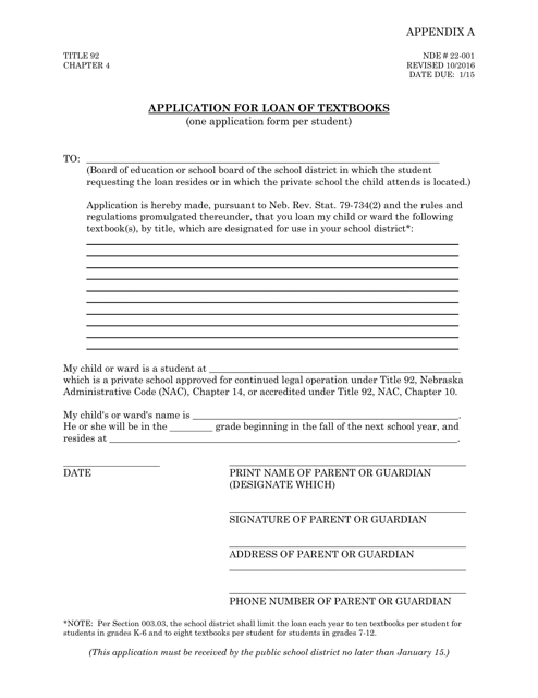 Form NDE22-001 Appendix A Application for Loan of Textbooks - Nebraska