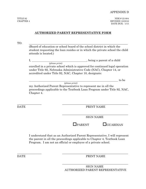 Form NDE22-004 Appendix D Authorized Parent Representative Form - Nebraska