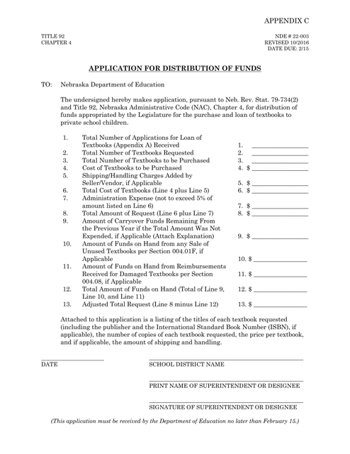 Form NDE22-003 Appendix C Application for Distribution of Funds - Nebraska