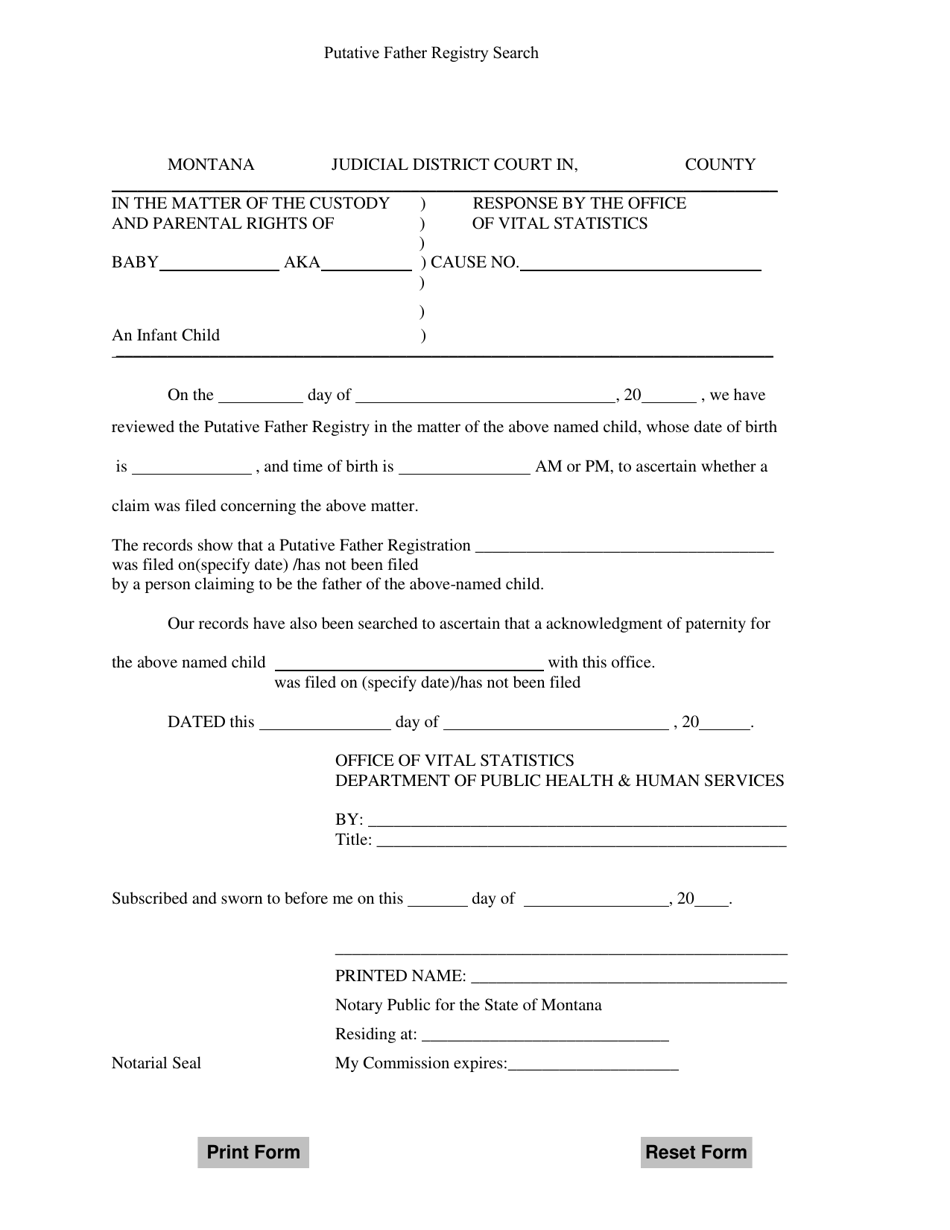 Putative Father Registry Search Form - Montana, Page 1