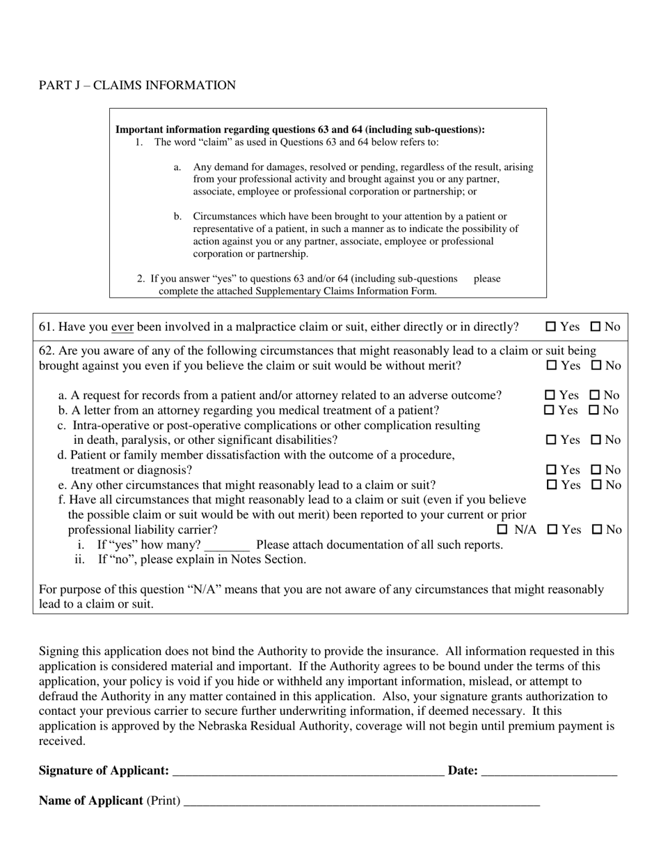 Nebraska Residual Malpractice Insurance Authority Professional Liability Application Occurrence Form - Nebraska, Page 10