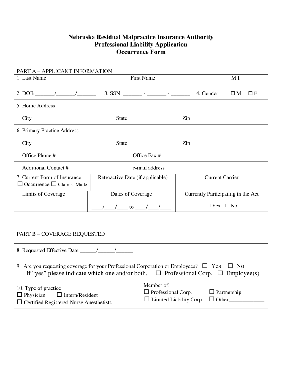 Nebraska Residual Malpractice Insurance Authority Professional Liability Application Occurrence Form - Nebraska, Page 1
