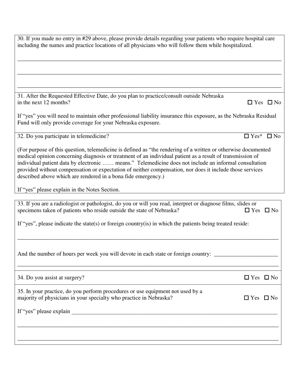 Nebraska Residual Malpractice Insurance Authority Professional Liability Application Occurrence Form - Nebraska, Page 6
