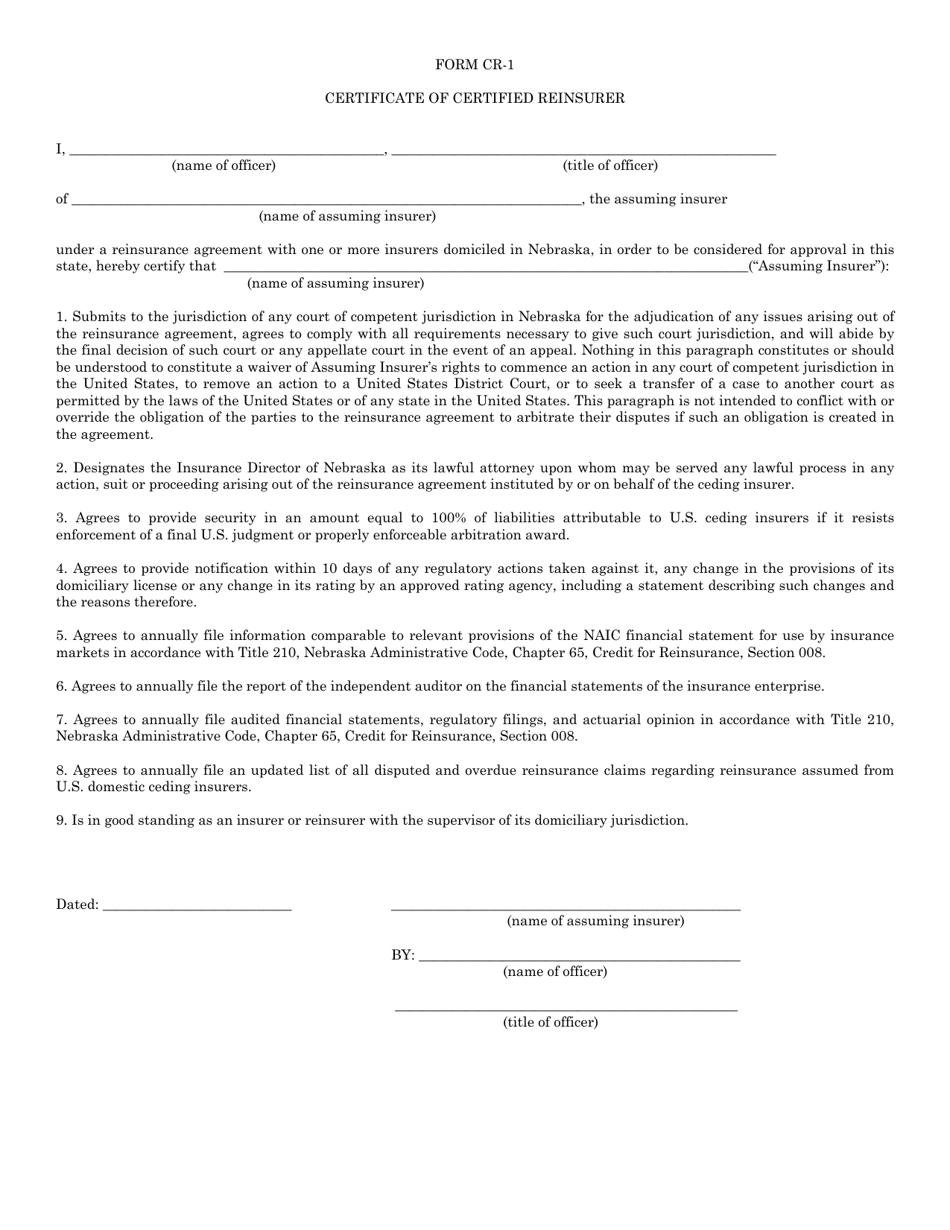 Form CR-1 Certificate of Certified Reinsurer - Nebraska, Page 1
