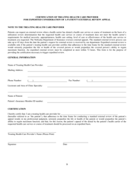 Document preview: Certification of Treating Health Care Provider for Expedited Consideration of a Patient's External Review Appeal - Nebraska