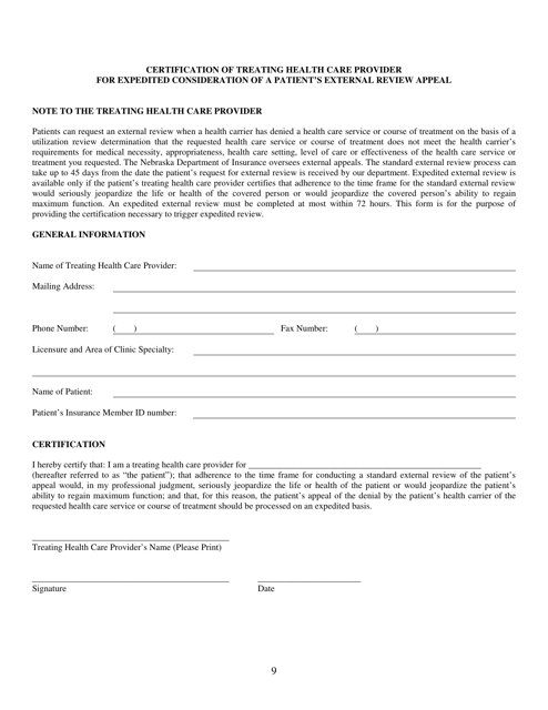 Certification of Treating Health Care Provider for Expedited Consideration of a Patient's External Review Appeal - Nebraska Download Pdf