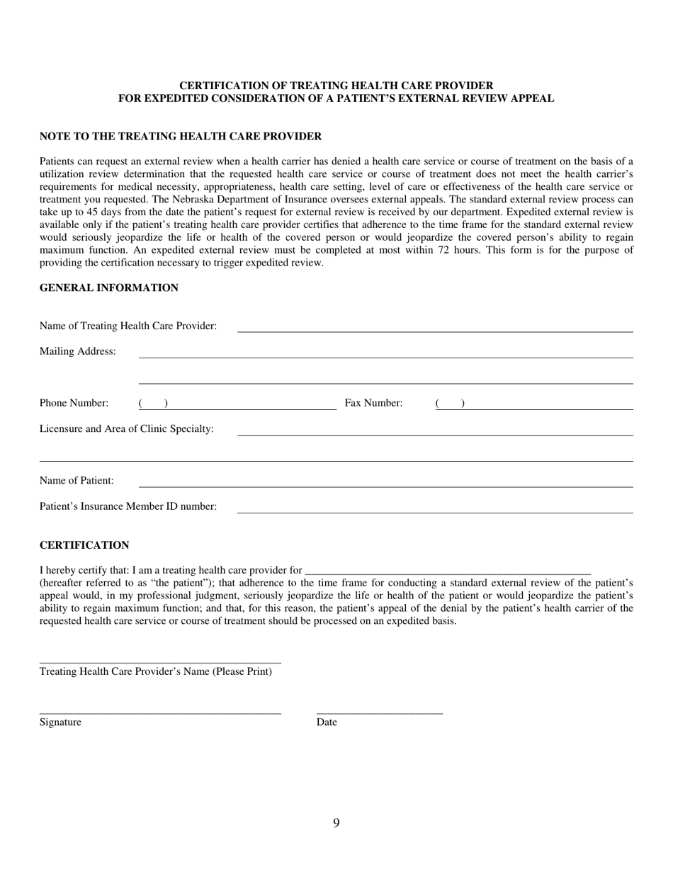 Certification of Treating Health Care Provider for Expedited Consideration of a Patients External Review Appeal - Nebraska, Page 1