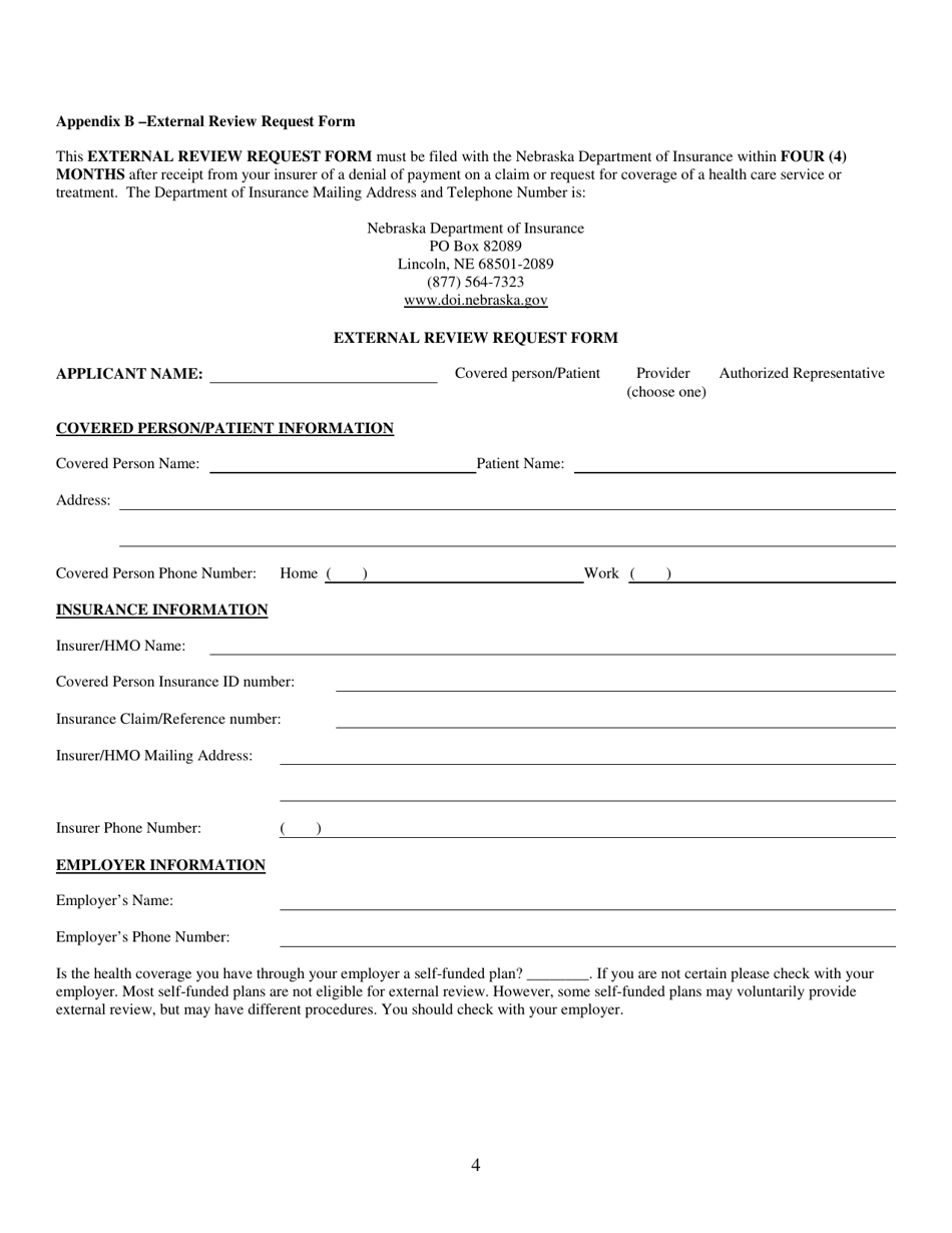 Appendix B External Review Request Form - Nebraska, Page 1