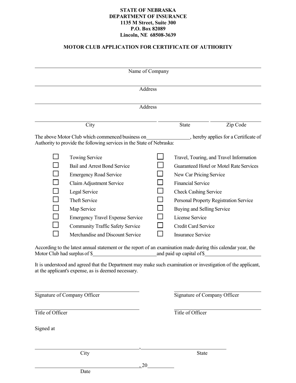Motor Club Application for Certificate of Authority - Nebraska, Page 1