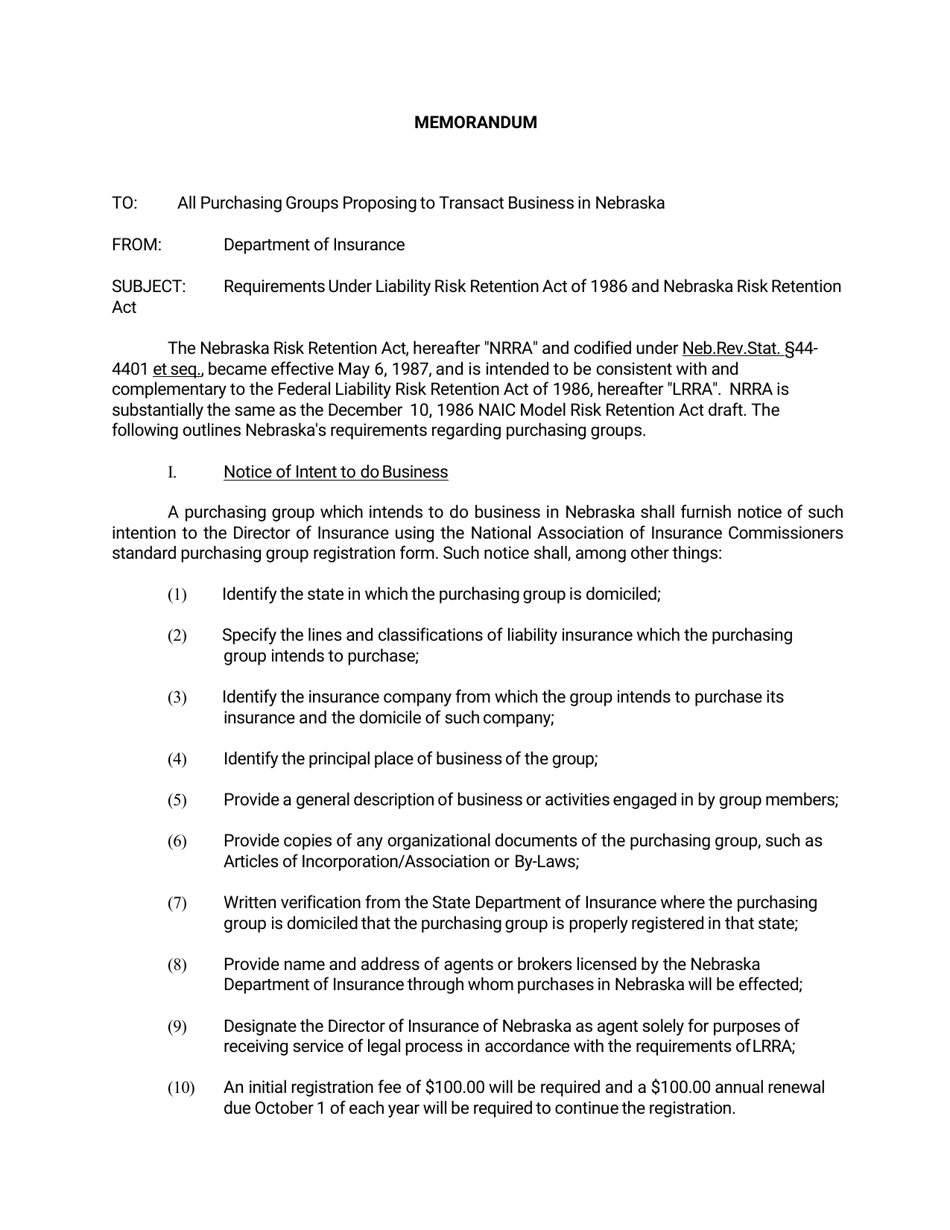 Purchasing Group Notice and Registration Form - Nebraska, Page 1