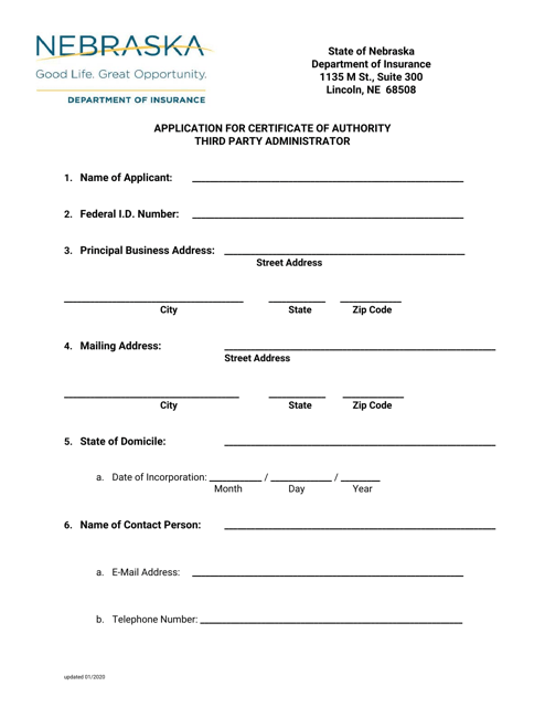 Application for Certificate of Authority Third Party Administrator - Nebraska Download Pdf