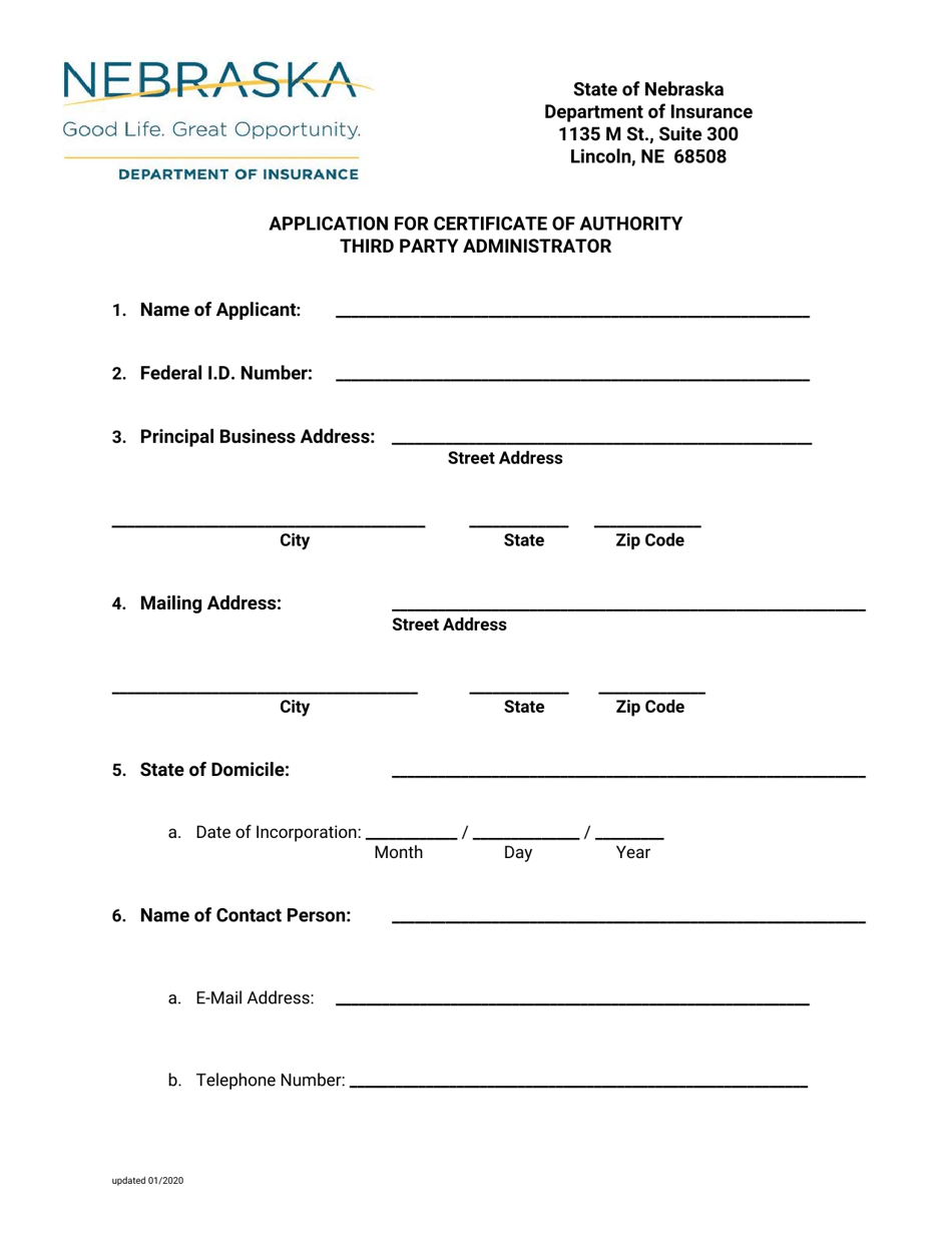 Application for Certificate of Authority Third Party Administrator - Nebraska, Page 1