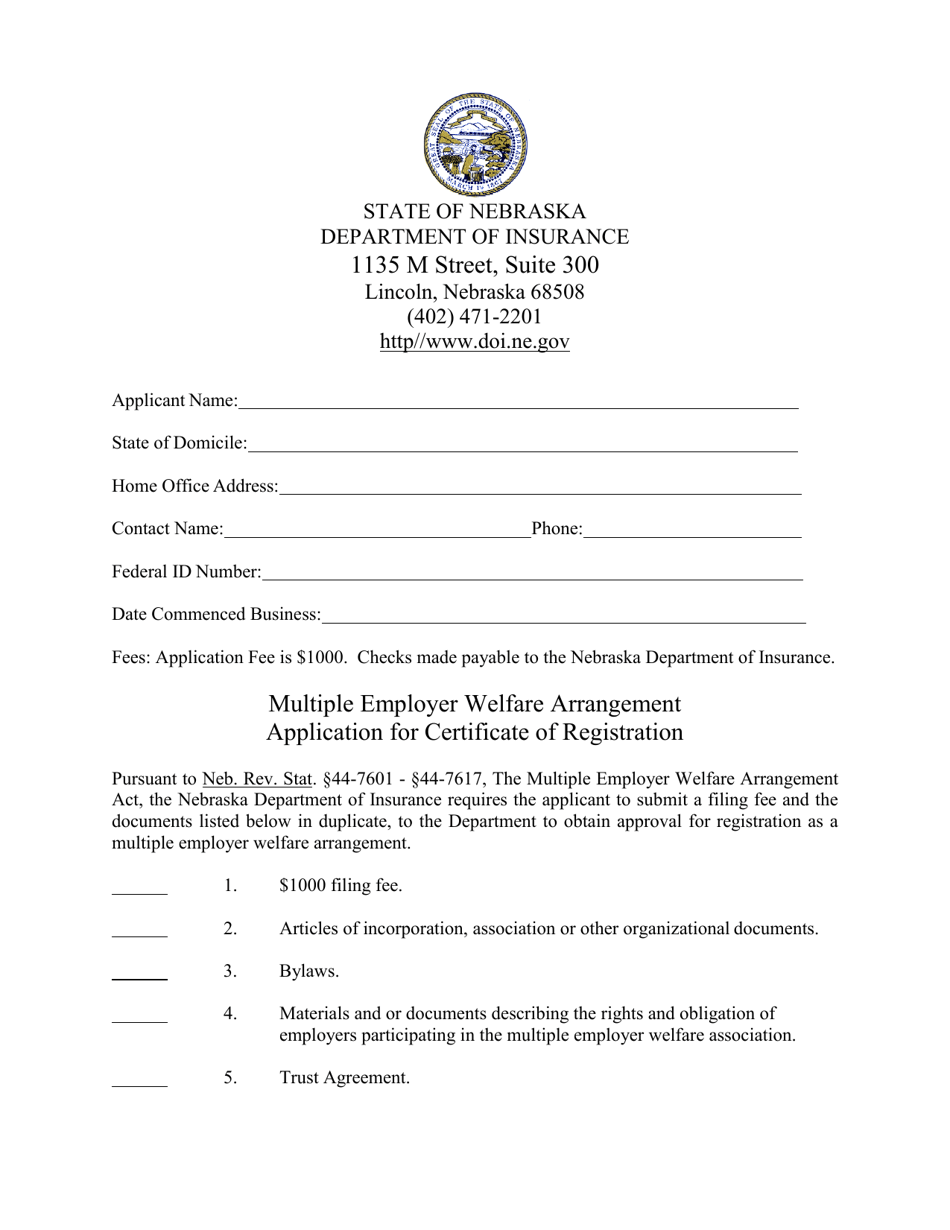 Multiple Employer Welfare Arrangement Application for Certificate of Registration - Nebraska, Page 1