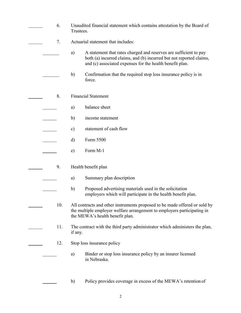 Multiple Employer Welfare Arrangement Application for Certificate of Registration - Nebraska, Page 2