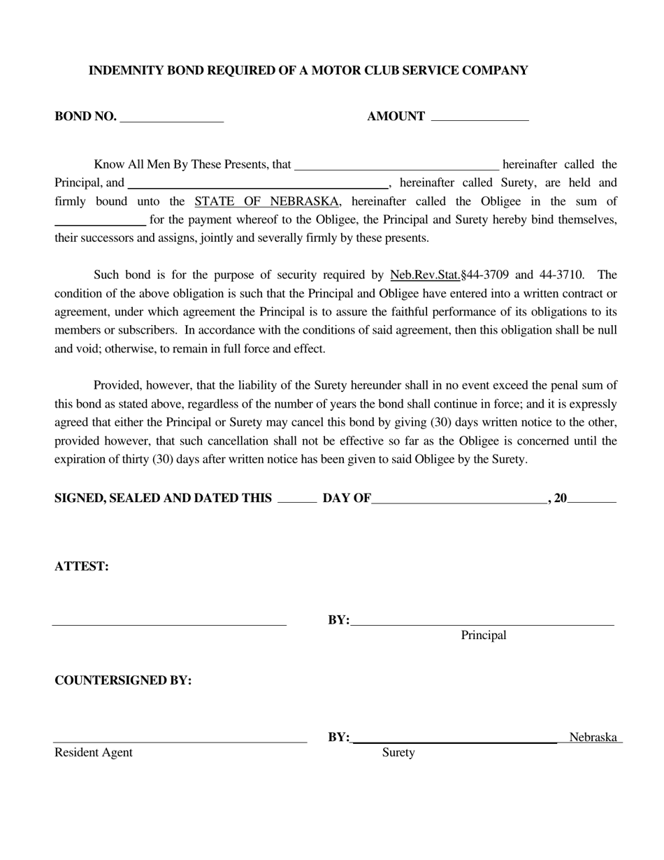 Indemnity Bond Required of a Motor Club Service Company - Nebraska, Page 1
