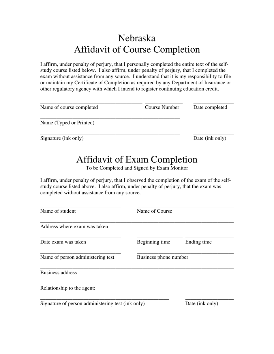 Nebraska Affidavit of Course Completion - Nebraska, Page 1