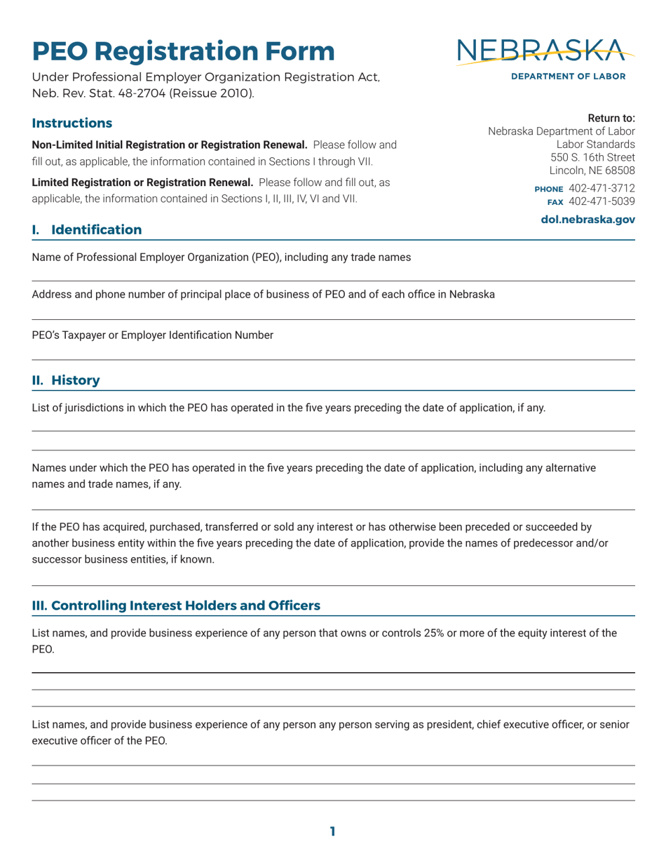 Peo Registration Form - Nebraska, Page 1