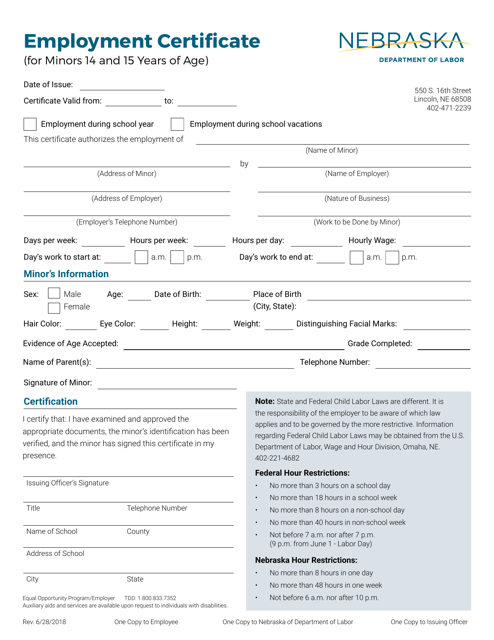Employment Certificate (For Minors 14 and 15 Years of Age) - Nebraska Download Pdf