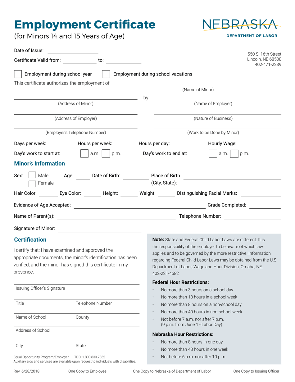 Employment Certificate (For Minors 14 and 15 Years of Age) - Nebraska, Page 1