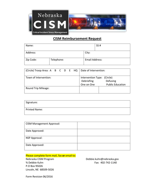Cism Reimbursement Request - Nebraska Download Pdf