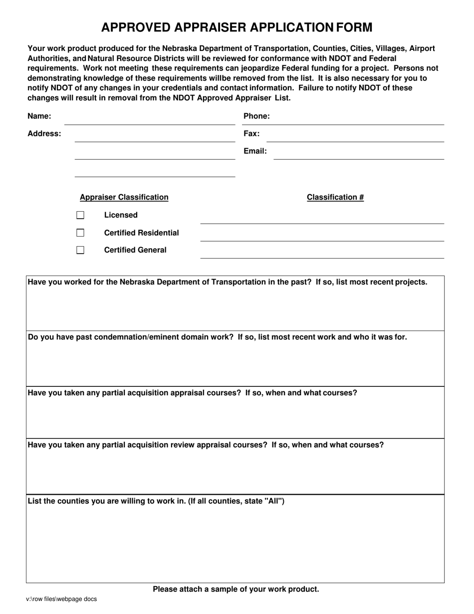 Nebraska Approved Appraiser Application Form Download Printable PDF
