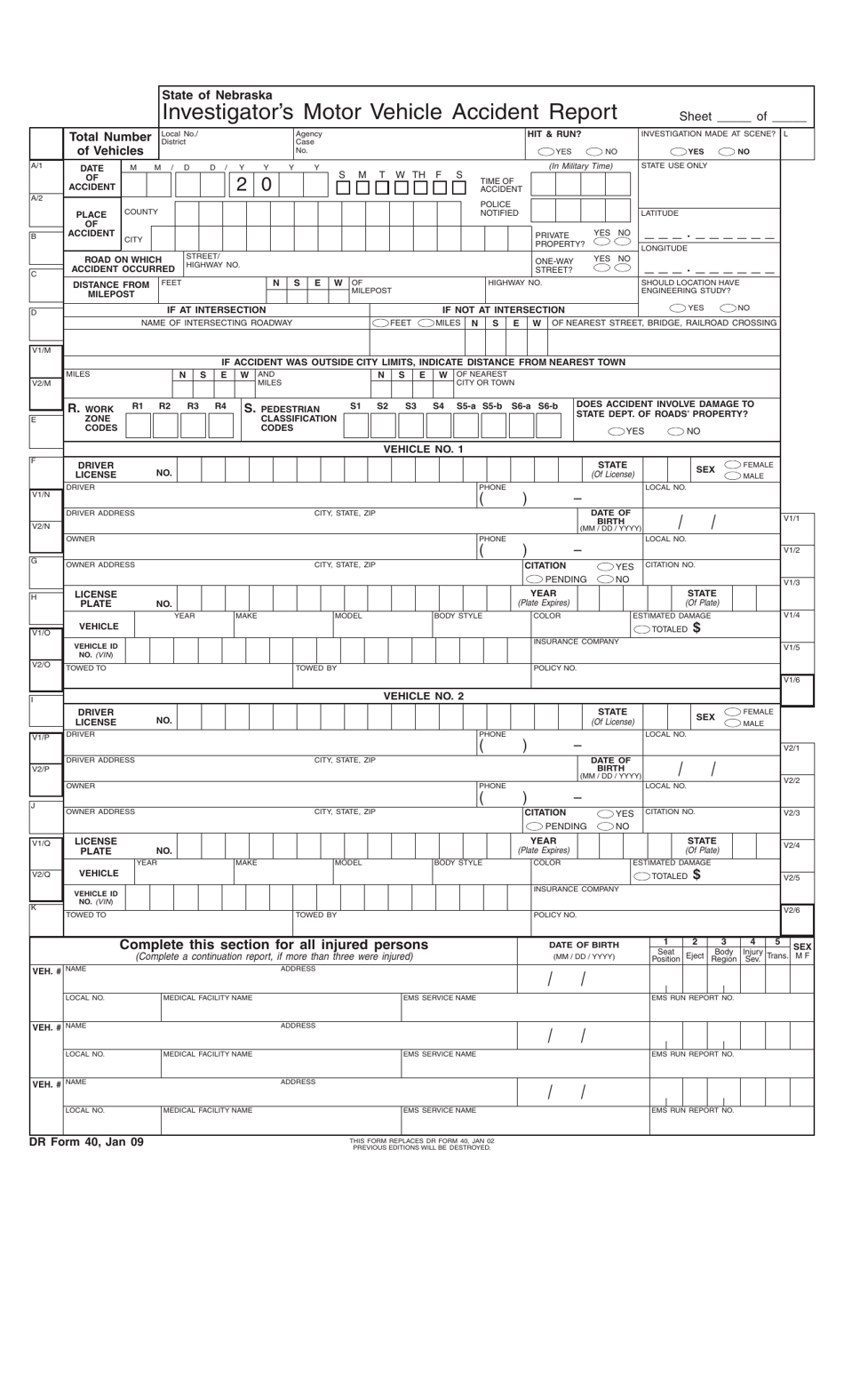 DR Form 40 Investigators Motor Vehicle Accident Report - Nebraska, Page 3