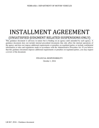 Document preview: Installment Agreement Form (Unsatisfied Judgment Related Suspensions Only) - Nebraska