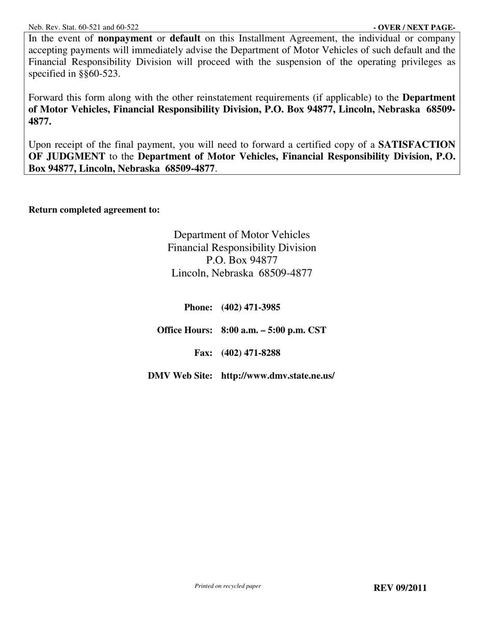 Installment Agreement Form (Unsatisfied Judgment Related Suspensions Only) - Nebraska, Page 3