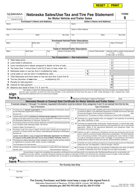 Form 6 Nebraska Sales/Use Tax and Tire Fee Statement for Motor Vehicle and Trailer Sales - Nebraska