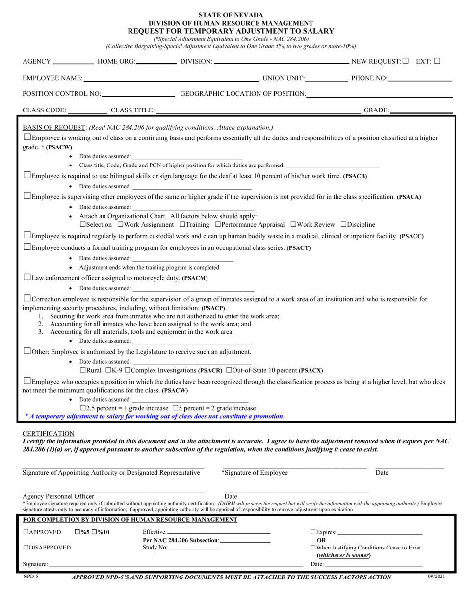 Form NPD-5 Request for Temporary Adjustment to Salary - Nevada, Page 1